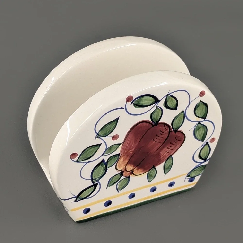 Vintage Hand Painted Ceramic Fruit Napkin Holder Grapes Pear Kitchen Decor
